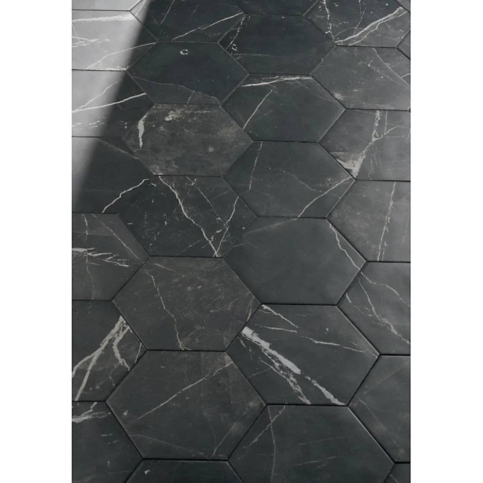 Aelle Carrelage Carrelage sol / mur hexagonal effet marbre noir mate 25x21,6 cm SCULTOREA dark diamond esagonal J471
