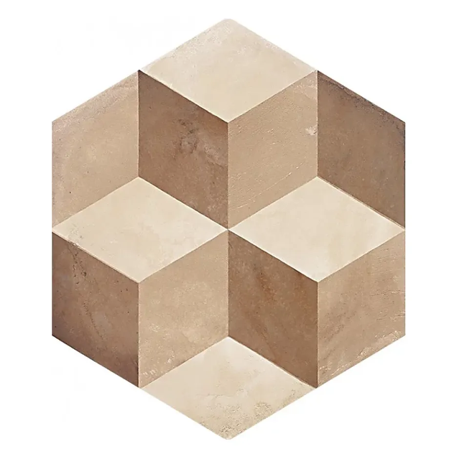 Carrelage sol / mur hexagonal effet ciment motif cube géométrique 25x21,6 cm TERRA CUBO HEXAGONAL BEIGE-Eiffel art construction