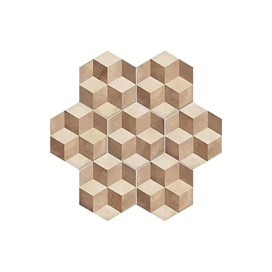 Carrelage sol / mur hexagonal effet ciment motif cube géométrique 25x21,6 cm TERRA CUBO HEXAGONAL BEIGE-Eiffel art construction
