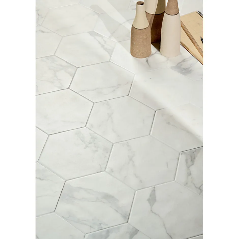 Carrelage sol / mur hexagonal effet marbre blanc mate 25x21,6 cmSCULTOREA statuario vena argento esagona J469-Aelle Carrelage Sale