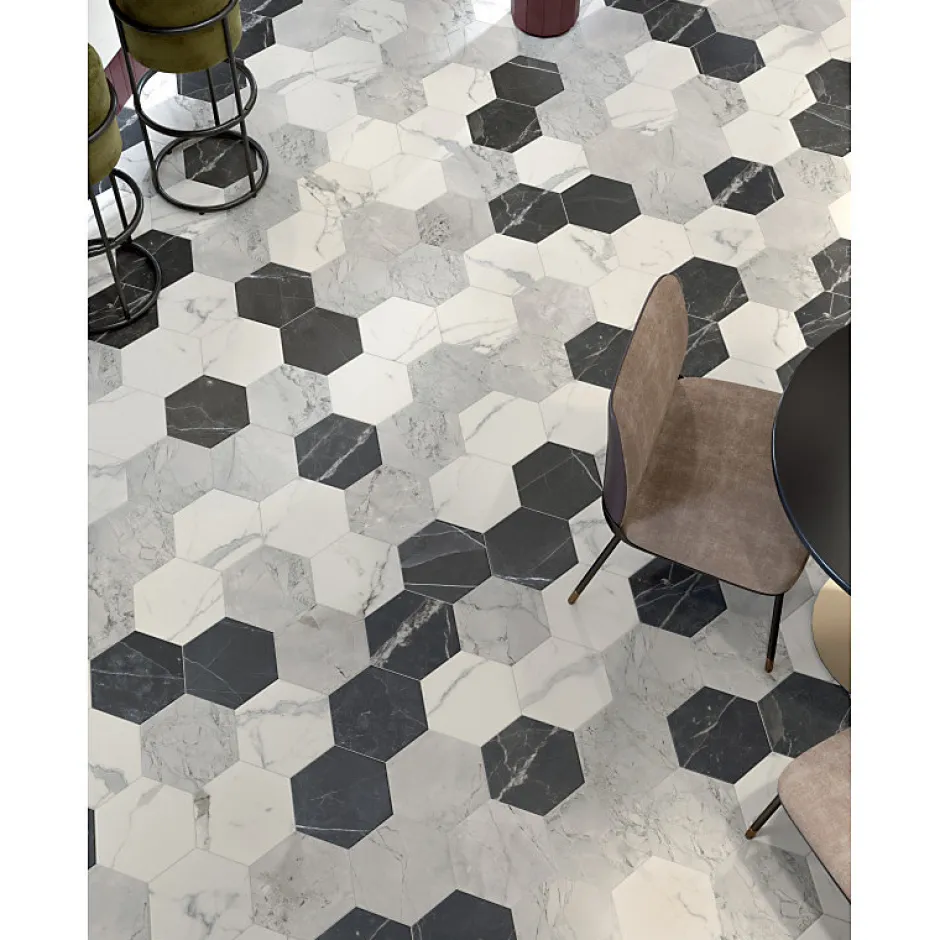 Carrelage sol / mur hexagonal effet marbre blanc mate 25x21,6 cmSCULTOREA statuario vena argento esagona J469-Aelle Carrelage Sale