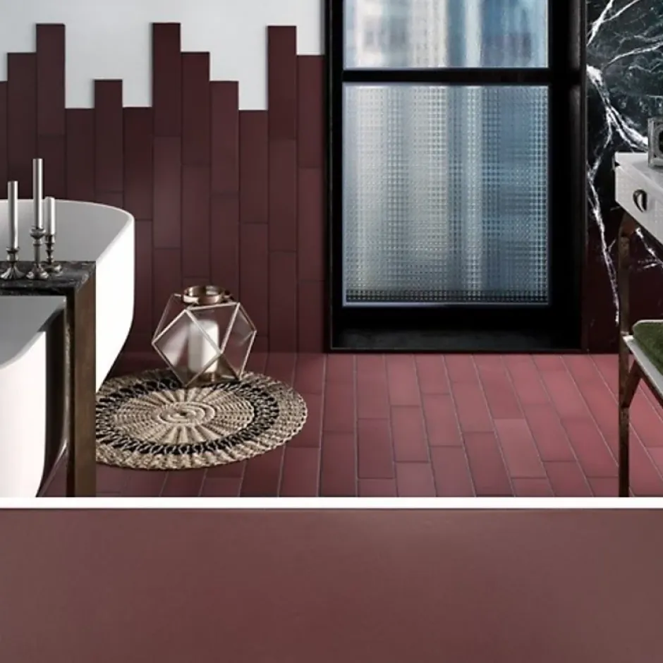 Carrelage sol / mur pose baton rompu chevron uni rouge bordeaux terre cuite mate STROMBOLI OXBLOOD-Aelle Carrelage Clearance