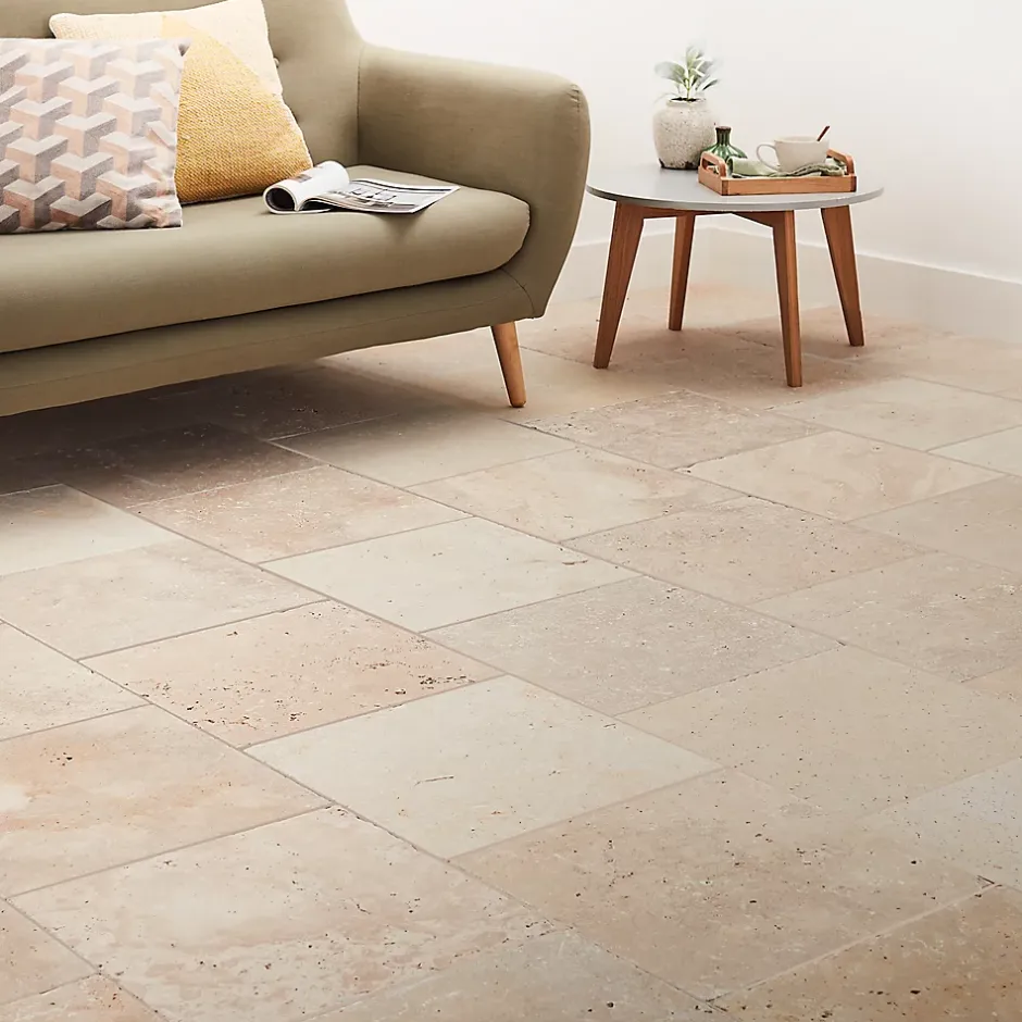 GoodHome Carrelage sol et mur beige 40 x 40 cm Travertino pierre naturelle