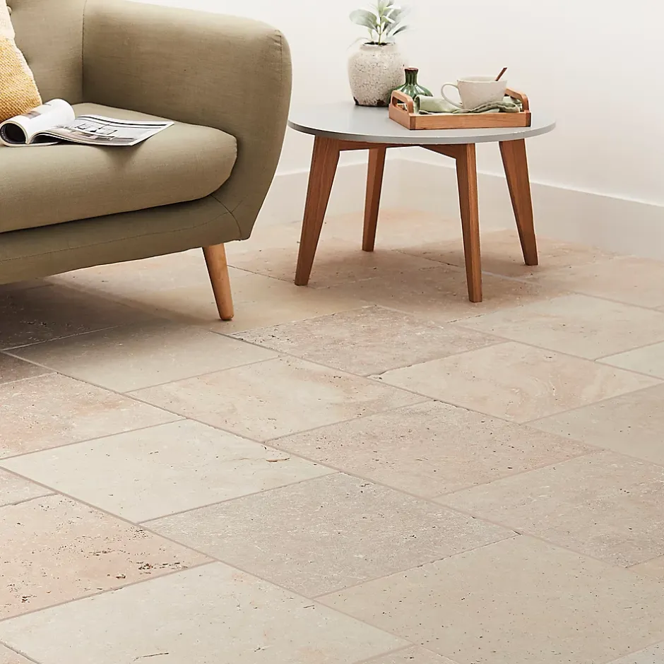 GoodHome Carrelage sol et mur beige 40 x 40 cm Travertino pierre naturelle