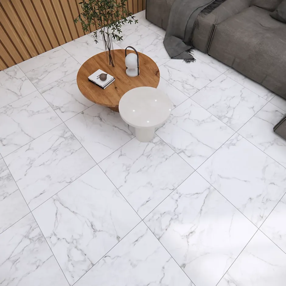 Carrelage sol et mur effet marbre blanc mat L.60,8 x l.60,8 cm x ép.8,5 mm, Aruma-GoodHome Discount