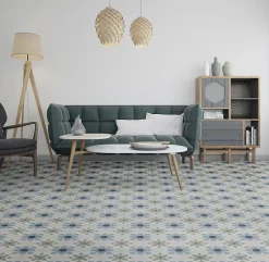 Carrelage sol et mur effet carreaux de ciment tons bleus et verts L.45 x l.45 cm x ép.9,5 mm, Mediterranea Javea-Mykonos New