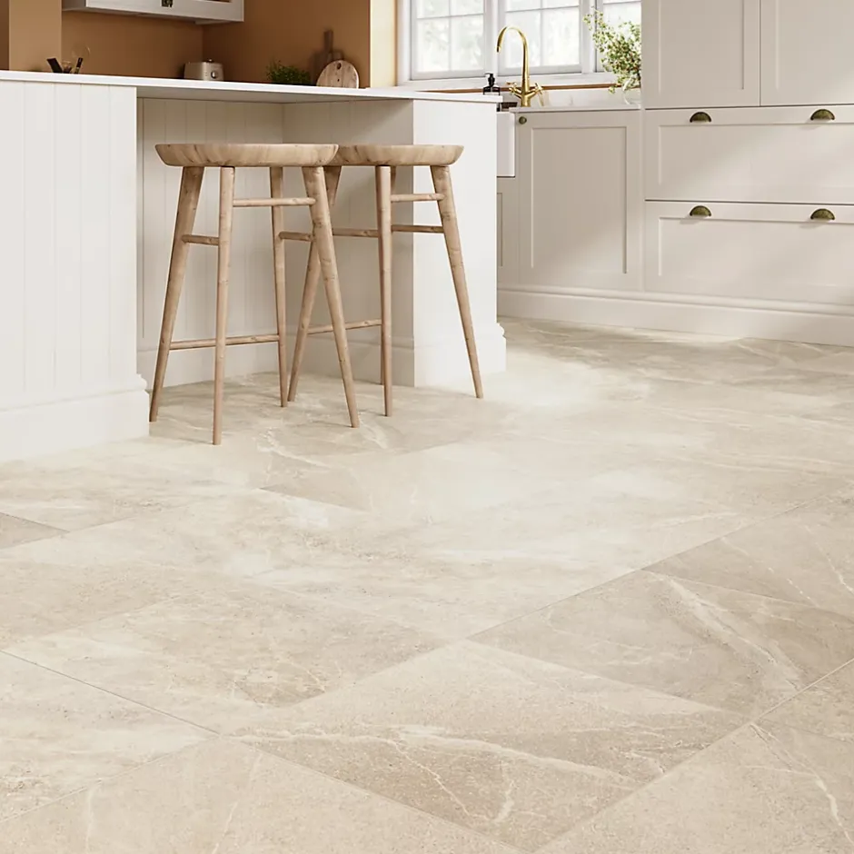 GoodHome Carrelage sol et mur intérieur beige effet pierre L.45 x l.45 cm x ép.9,1 mm, Limo Mocca