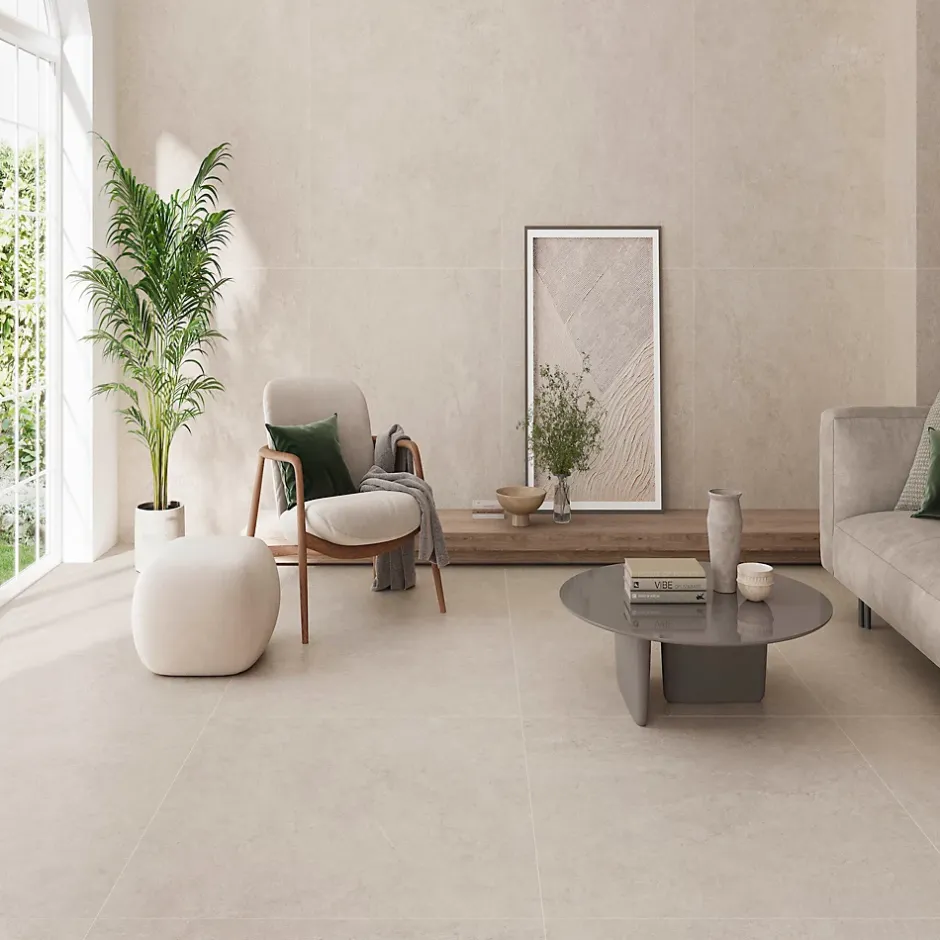 Carrelage sol et mur intérieur en grès cérame émaillé effet pierre beige mat L.60 x l.60 cm x ép.8,5 mm, Basilea-Ecoceramic Hot