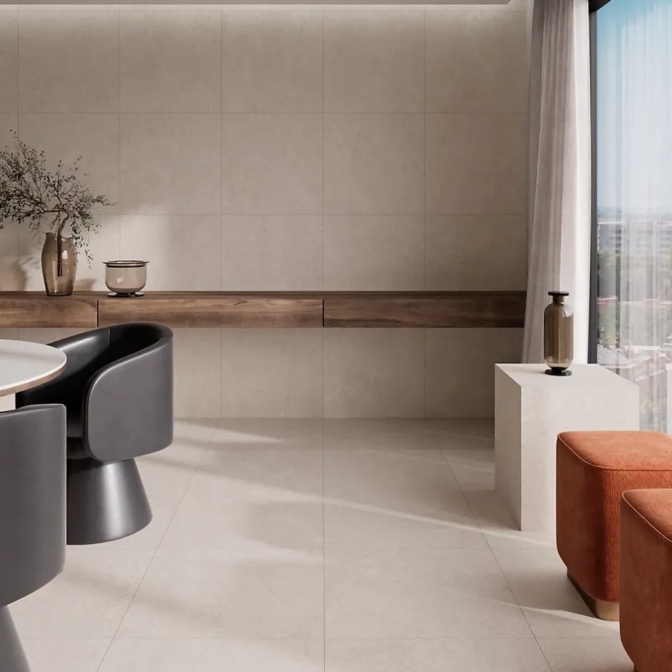 Carrelage sol et mur intérieur en grès cérame émaillé effet pierre beige mat L.60 x l.60 cm x ép.8,5 mm, Basilea-Ecoceramic Hot