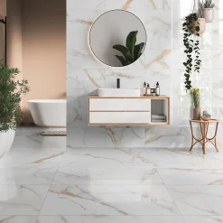 Carrelage sol et mur intérieur en grès cérame émaillé effet marbre blanc et doré poli L.60 x l.30 cm x ép.9 mm, Fiordo Reve- New