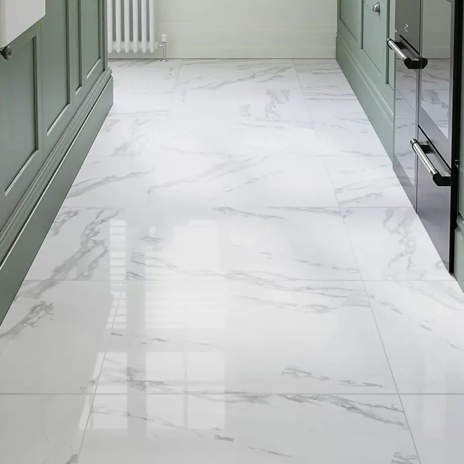 Carrelage sol et mur intérieur en grés cérame émaillé effet marbre blanc poli L.60 x l.60 cm x ép.9 mm, Ultimate Marble-GoodHome Outlet
