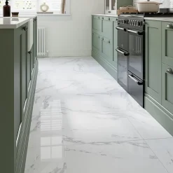 Carrelage sol et mur intérieur en grés cérame émaillé effet marbre blanc poli L.60 x l.60 cm x ép.9 mm, Ultimate Marble-GoodHome Outlet