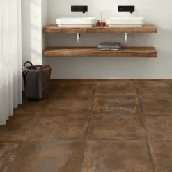 Carrelage sol et mur intérieur en grès cérame émaillé effet béton marron cuivré satin L.60 x l.60 cm x ép.8 mm, Malt- Outlet