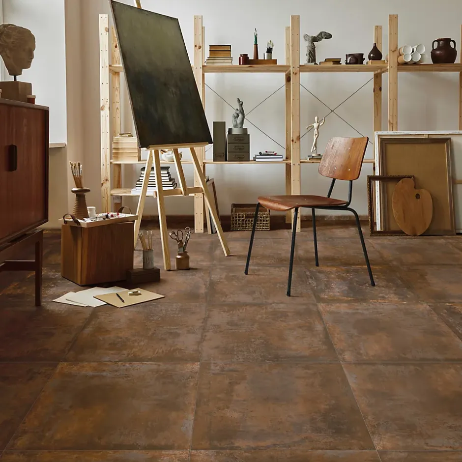 Carrelage sol et mur intérieur en grès cérame émaillé effet béton marron cuivré satin L.60 x l.60 cm x ép.8 mm, Malt- Outlet