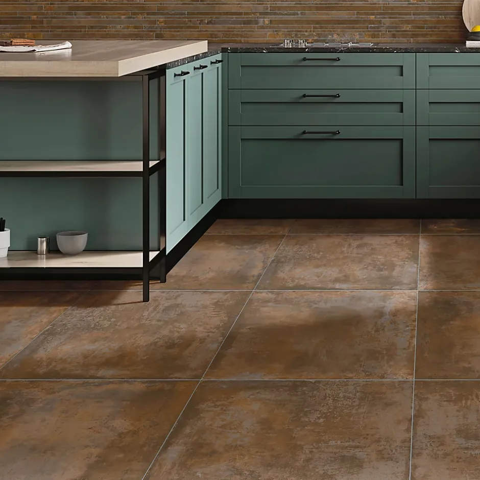 Carrelage sol et mur intérieur en grès cérame émaillé effet béton marron cuivré satin L.60 x l.60 cm x ép.8 mm, Malt- Outlet