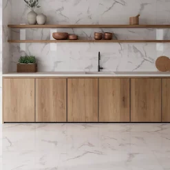 Ecoceramic Carrelage sol et mur intérieur en grès effet marbre blanc brillant L.60 x l.60 cm x ép.8,5 mm, Aria