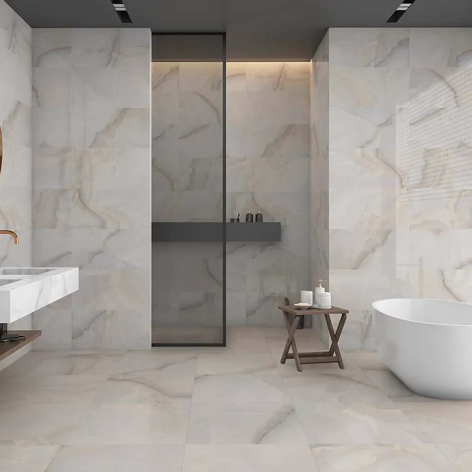 Carrelage sol et mur intérieur effet marbre beige brillant L.60 x l.60 cm x ép.9 mm, Harvey