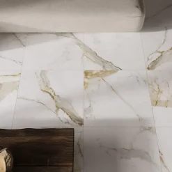 Carrelage sol et mur intérieur grès cérame émaillé effet marbre blanc mat et doré L.60 x l.60 cm x ép.8,5 mm, Aster-Ecoceramic