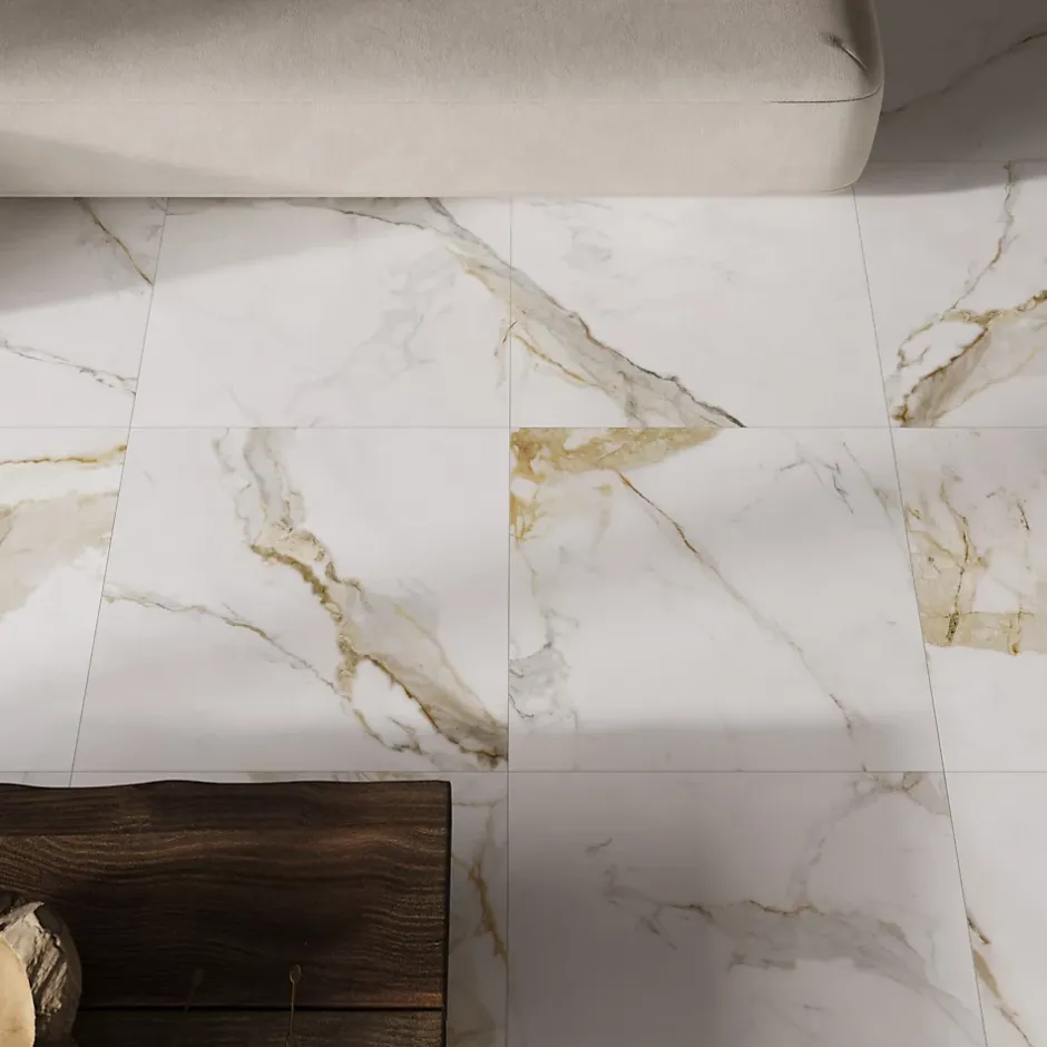 Carrelage sol et mur intérieur grès cérame émaillé effet marbre blanc mat et doré L.60 x l.60 cm x ép.8,5 mm, Aster-Ecoceramic