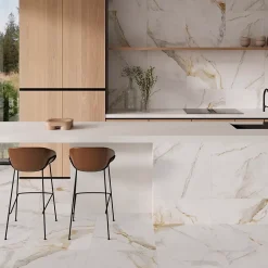 Carrelage sol et mur intérieur grès cérame émaillé effet marbre blanc mat et doré L.60 x l.60 cm x ép.8,5 mm, Aster-Ecoceramic