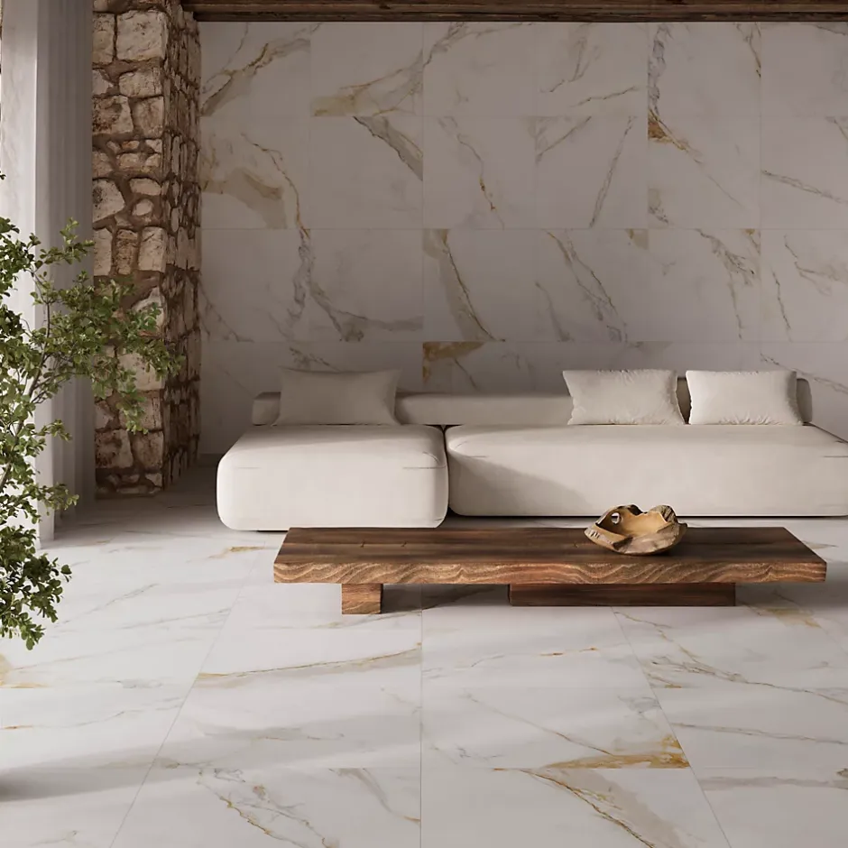 Carrelage sol et mur intérieur grès cérame émaillé effet marbre blanc mat et doré L.60 x l.60 cm x ép.8,5 mm, Aster-Ecoceramic