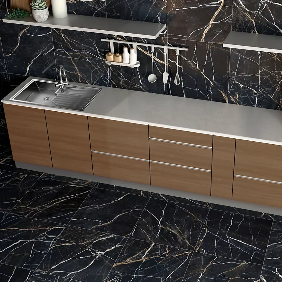 Baldocer Carrelage sol et mur intérieur en grès cérame effet marbre noir et or L.60 x l.60 cm x ép.9 mm, Moonlight