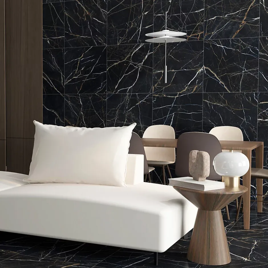 Baldocer Carrelage sol et mur intérieur en grès cérame effet marbre noir et or L.60 x l.60 cm x ép.9 mm, Moonlight