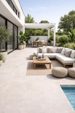 Carrelage sol et mur intérieur / extérieur effet béton ciré antidérapant R11 Umbria Ivory .60 X L.60 cm rectifié 1er choix-Cristacer New