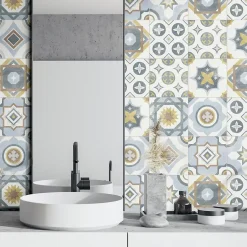 Carrelage sol et mur intérieur effet carreaux de ciment tons bleus et ocres L.20 x l.20 cm x ép.7,4 mm, Liberty bleu