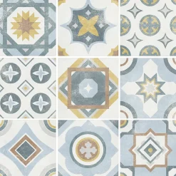 Carrelage sol et mur intérieur effet carreaux de ciment tons bleus et ocres L.20 x l.20 cm x ép.7,4 mm, Liberty bleu