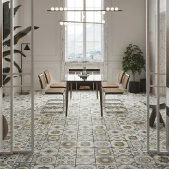 Carrelage sol et mur intérieur effet carreaux de ciment tons bleus et ocres L.20 x l.20 cm x ép.7,4 mm, Liberty bleu