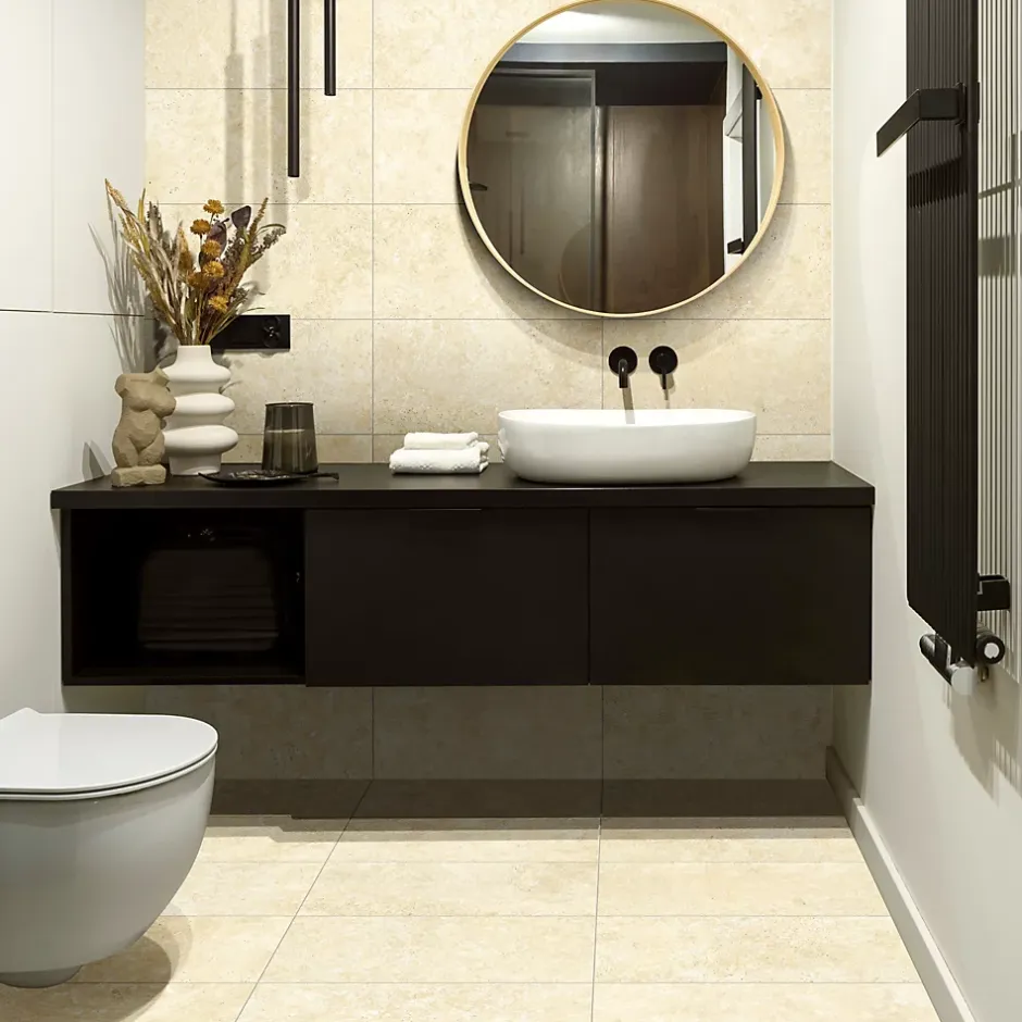 Carrelage sol et mur intérieur en grès cérame effet pierre beige mat L.60 x l.30 cm x ép.7,4 mm, Traverno