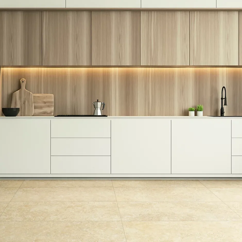 Carrelage sol et mur intérieur en grès cérame émaillé beige effet travertin mat L.119,8 x l.60 cm x ép.7,4 mm, Traverno- Discount