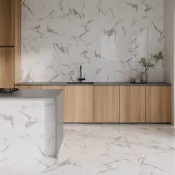 Ecoceramic Carrelage sol et mur intérieur effet marbre blanc brillant L.120 x l.61 cm x ép.9 mm, Aria