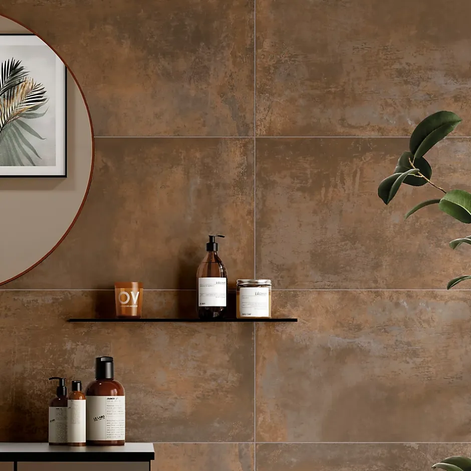 Carrelage sol et mur intérieur en grès cérame émaillé effet béton marron cuivré satin L.61 x l.31 cm x ép.8 mm, Malt