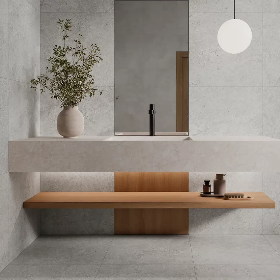 Ecoceramic Carrelage sol et mur intérieur en grès cérame émaillé effet pierre gris mat L.60 x l.60 cm x ép.8,5 mm, Basilea