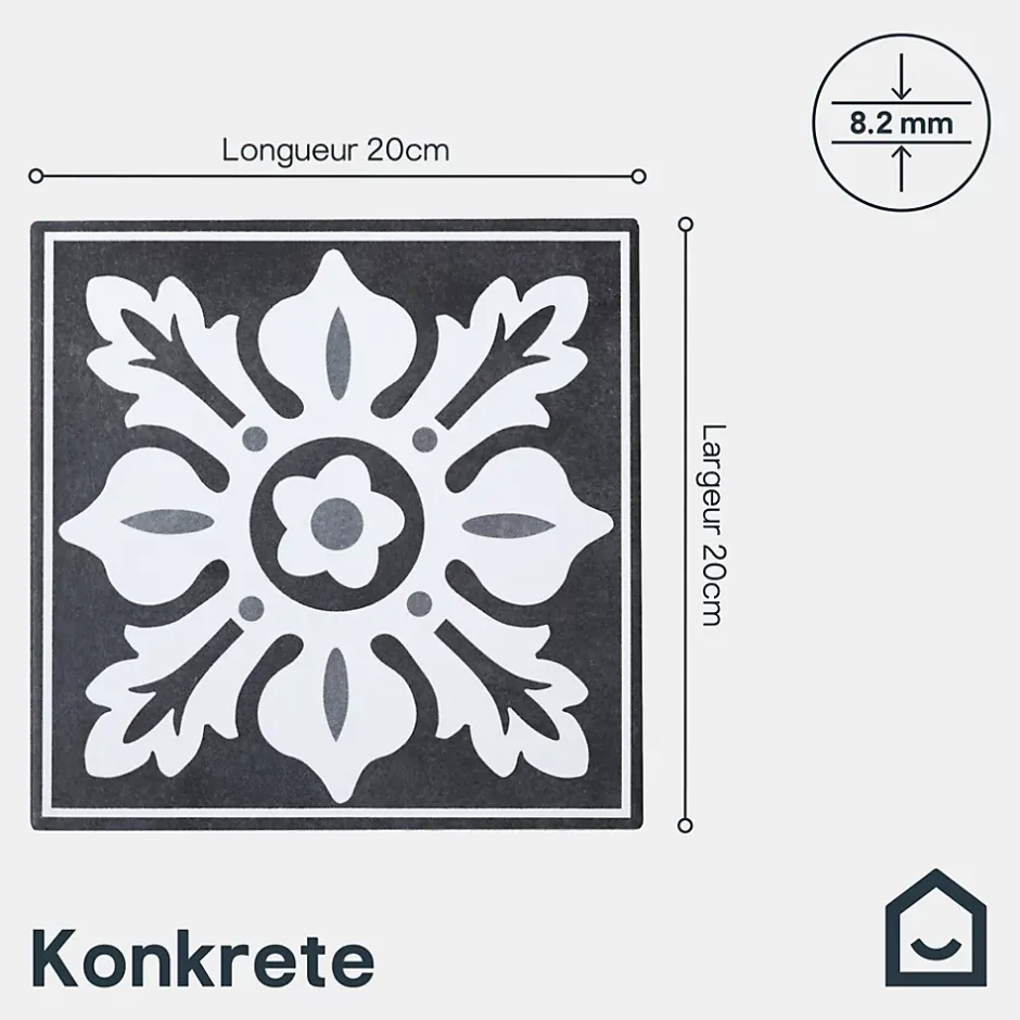 GoodHome Carrelage sol et mur intérieur effet carreau de ciment tons gris L.20 x l.20 cm x ép.8,2 mm, Konkrete