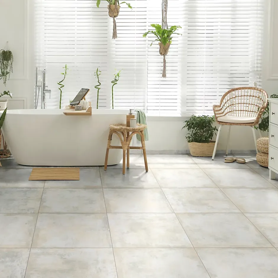 Carrelage sol et mur intérieur en grès cérame émaillé effet béton blanc satin L.60 x l.60 cm x ép.8 mm, Malt