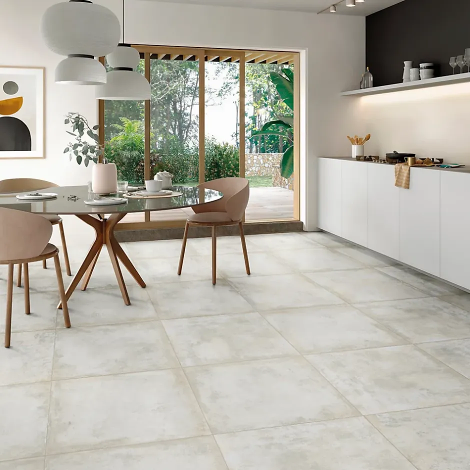 Carrelage sol et mur intérieur en grès cérame émaillé effet béton blanc satin L.60 x l.60 cm x ép.8 mm, Malt