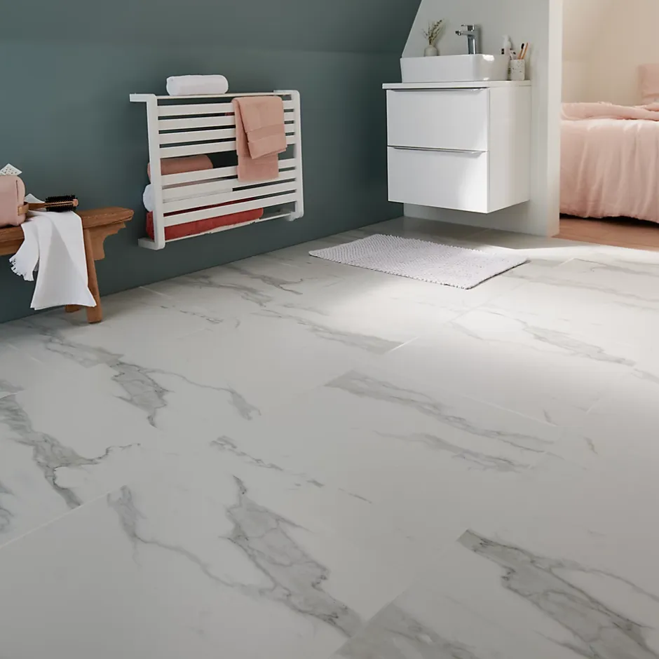 GoodHome Carrelage sol et mur intérieur effet marbre blanc mat L.60 x l.60 cm x ép.9 mm, Ultimate Marble