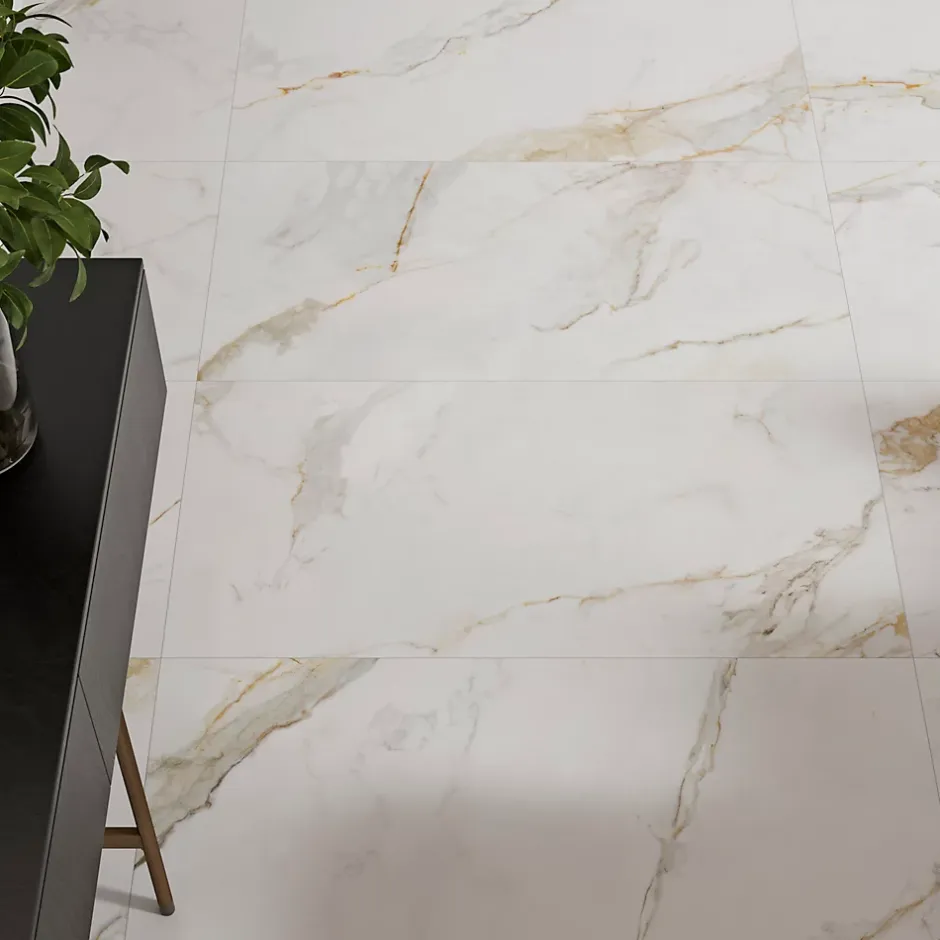 Ecoceramic Carrelage sol et mur intérieur en grès cérame émaillé effet marbre blanc mat L.120 x l.60 cm x ép.9 mm, Aster