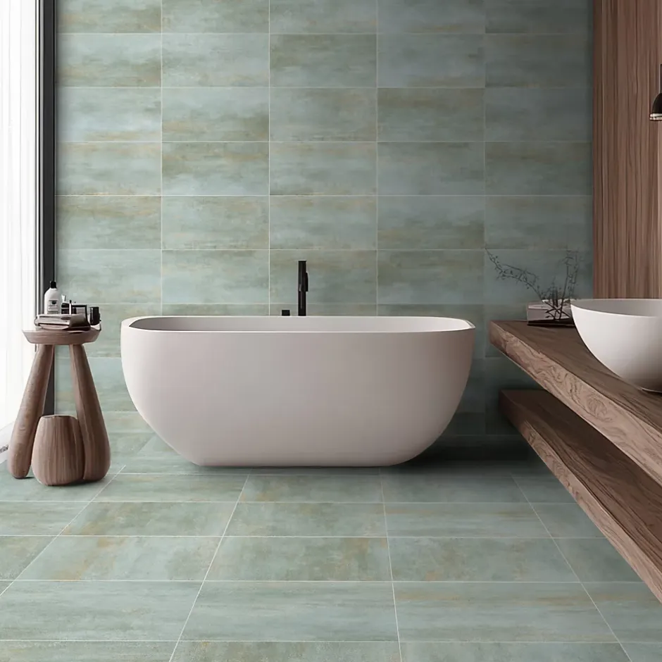 Carrelage sol et mur intérieur en grès cérame effet béton vert sauge mat L.61 x l.61 cm x ép.7,4 mm, Upper-Gresmalt Hot