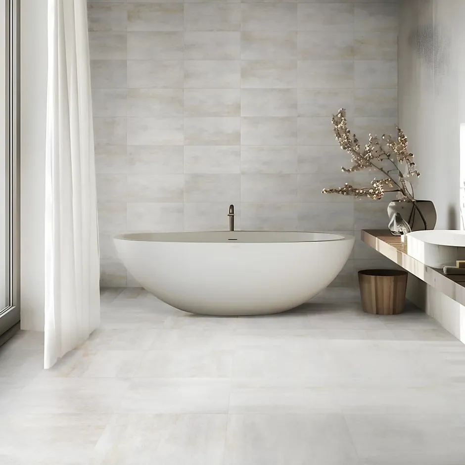 Carrelage sol et mur intérieur en grès cérame effet béton blanc mat L.60 x l.60 cm x ép.7,4 mm, Upper-Gresmalt Outlet