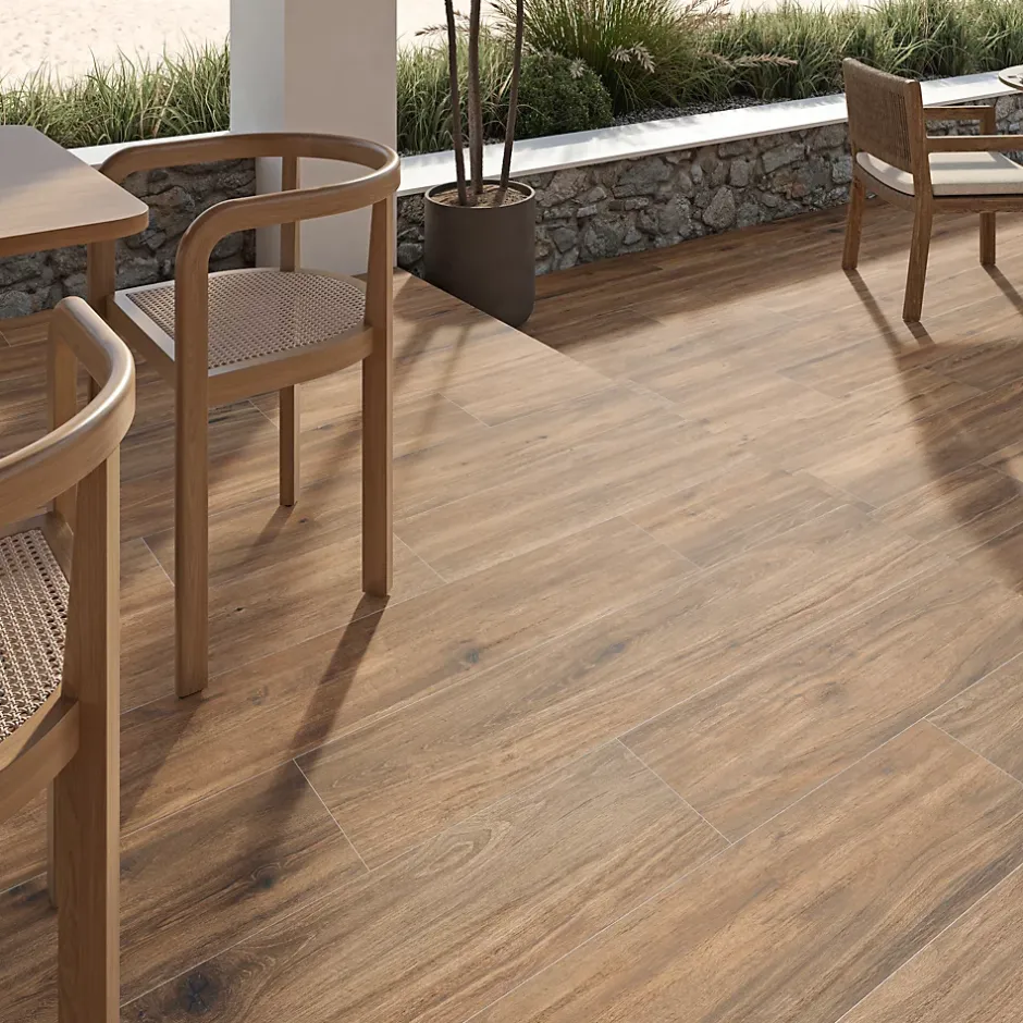 GoodHome Carrelage sol extérieur en grès cérame émaillé effet bois naturel l.22 x L.120 x ép. 0,97 cm Todias Caboa