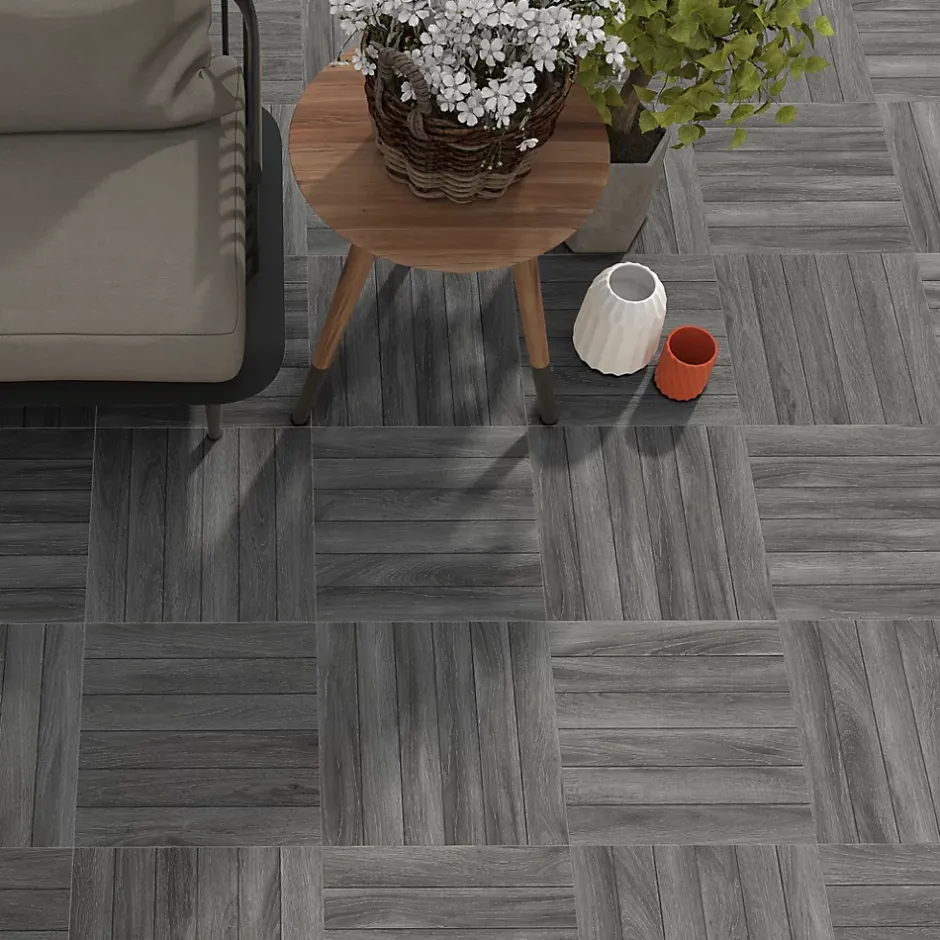Carrelage sol extérieur en grès cérame émaillé effet chêne anthracite l.45 x L.45 x 0.95 cm Deckland-Ecoceramic Sale