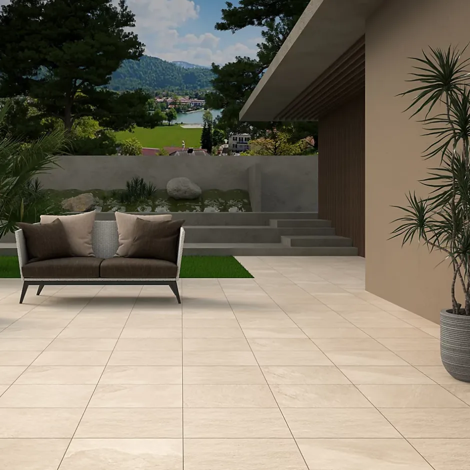 Carrelage sol extérieur en grès cérame émaillé effet pierre beige l.45 x L.45 x ép.0,85 cm Avora-Ecoceramic