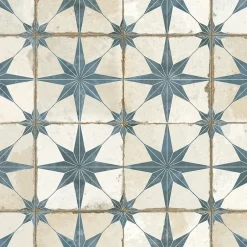 Carrelage Vintage effet Carreau ciment Etoile Bleue et Fond Blanc 45x45x0,95 cm Sparta - Sol et mur intérieur --Ro'Ma Carrelage Online