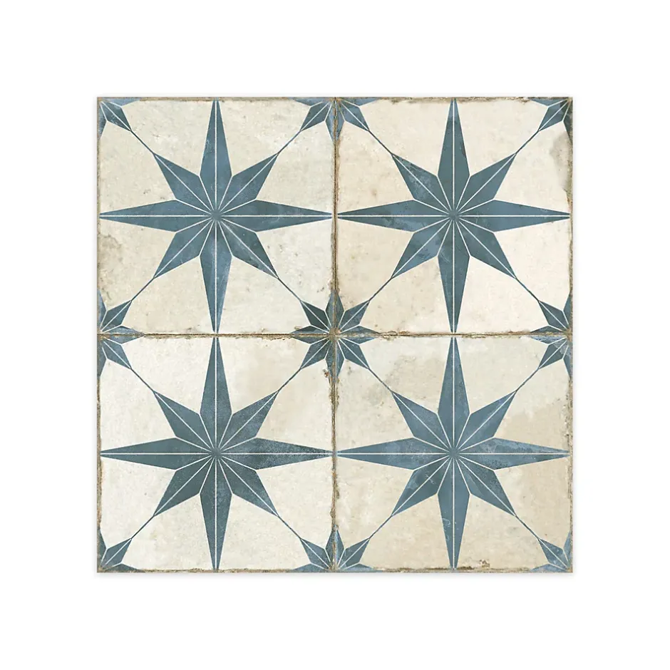 Carrelage Vintage effet Carreau ciment Etoile Bleue et Fond Blanc 45x45x0,95 cm Sparta - Sol et mur intérieur --Ro'Ma Carrelage Online