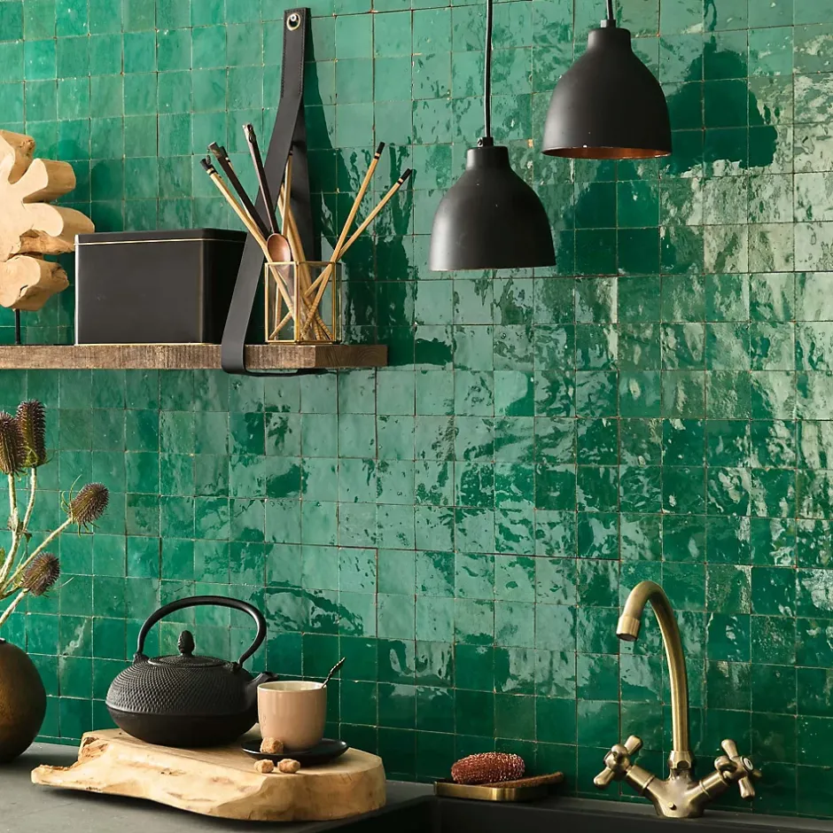 Carrelage Zellige Marocain Vert Emeraude 5x5 cm (vendu par plaque de 30x30 cm soit 0,09 m²) --Ro'Ma Nature Sale