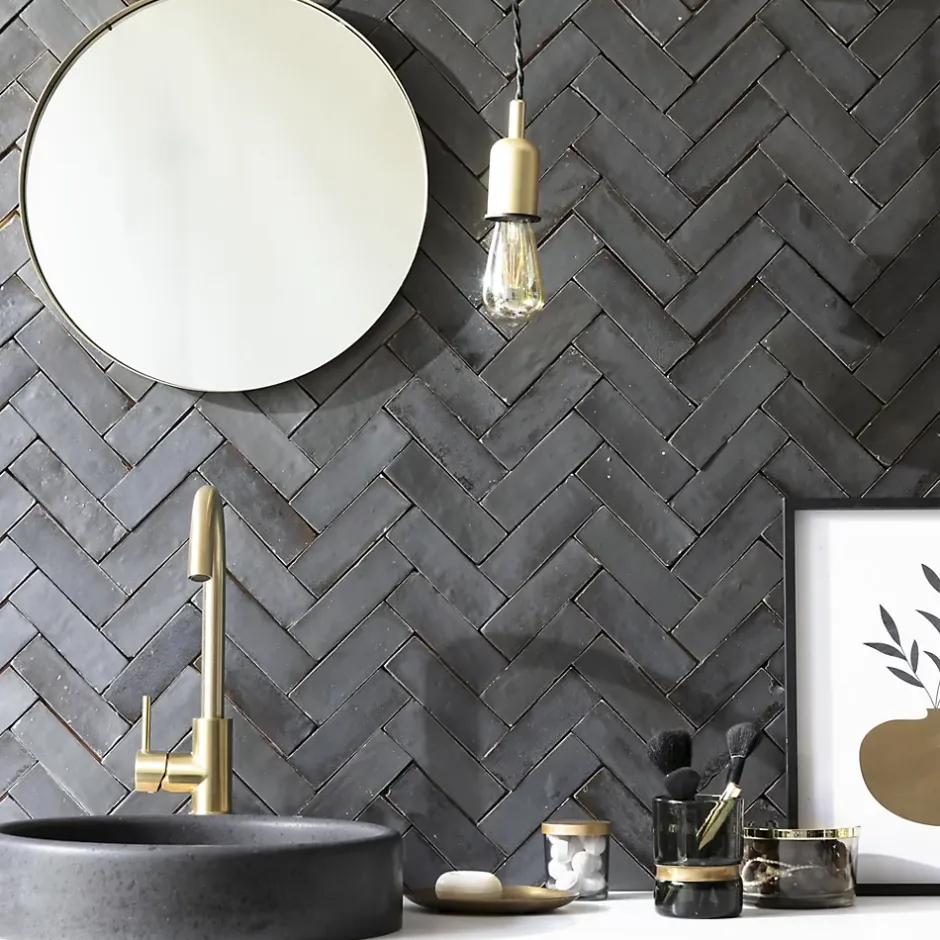 Ro'Ma Nature Carrelage Zellige Marocain Noir Carbone 5x15 cm (vendu par 1 m²) -